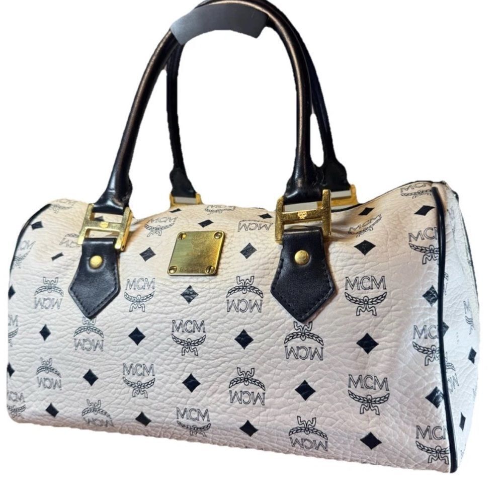 MCM Navy Blue & White Coated Canvas Viestos 2way Boston Bag Auth Vtg - Picture 3 of 16